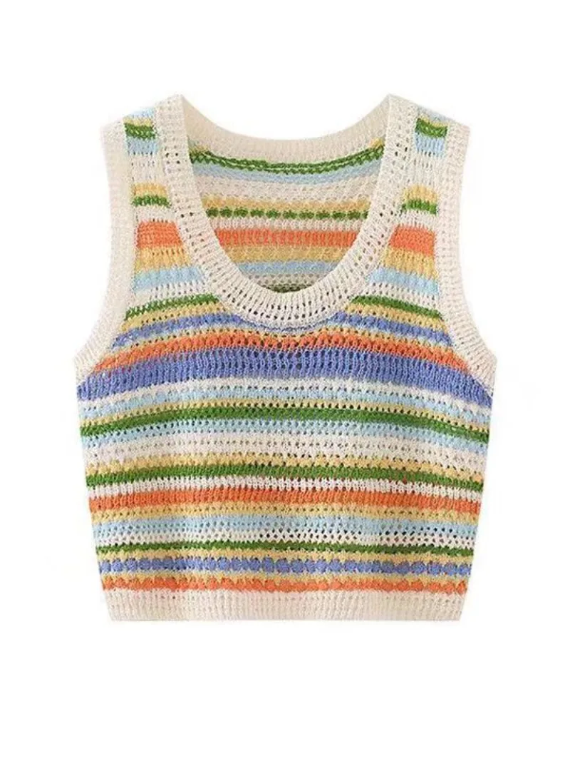

Orange Striped Vest Women 2026 Summer Ropa Mujer Hollow Out Sleeveless Jumper Casual Tanks Tops Knitted Sweater Thin Waistcoat