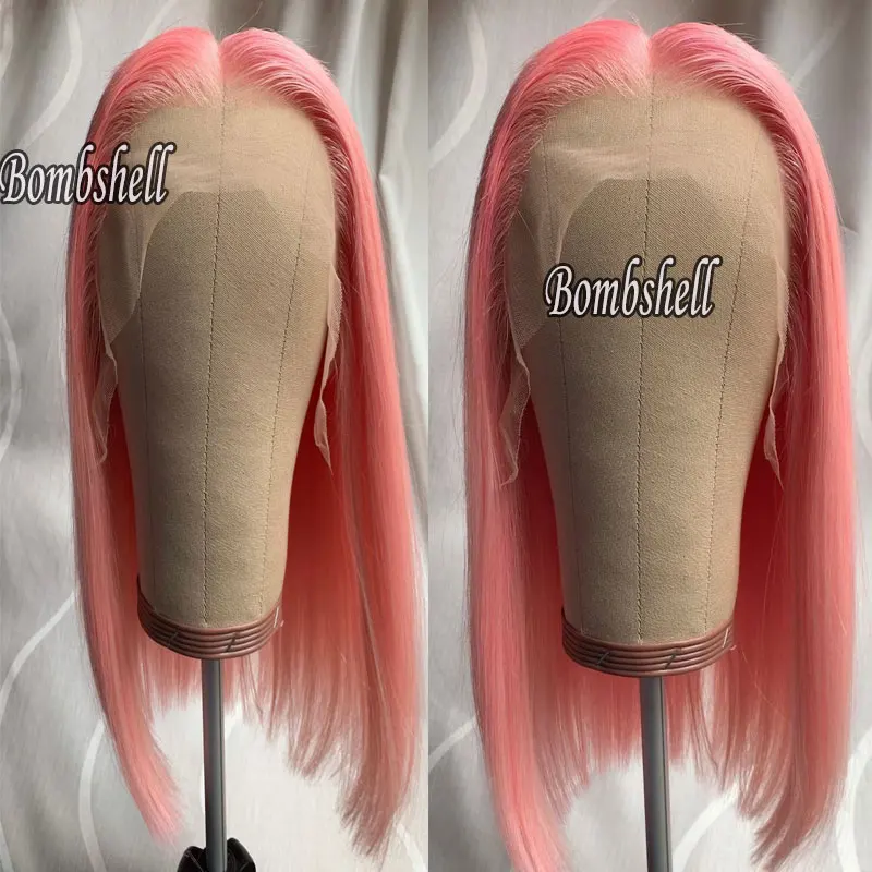 Peach Pink Short Straight Hair Bob Wig Synthetic 13x4 Lace Front Wigs High Quality Heat Resistant Fiber Hair For Fashion Women