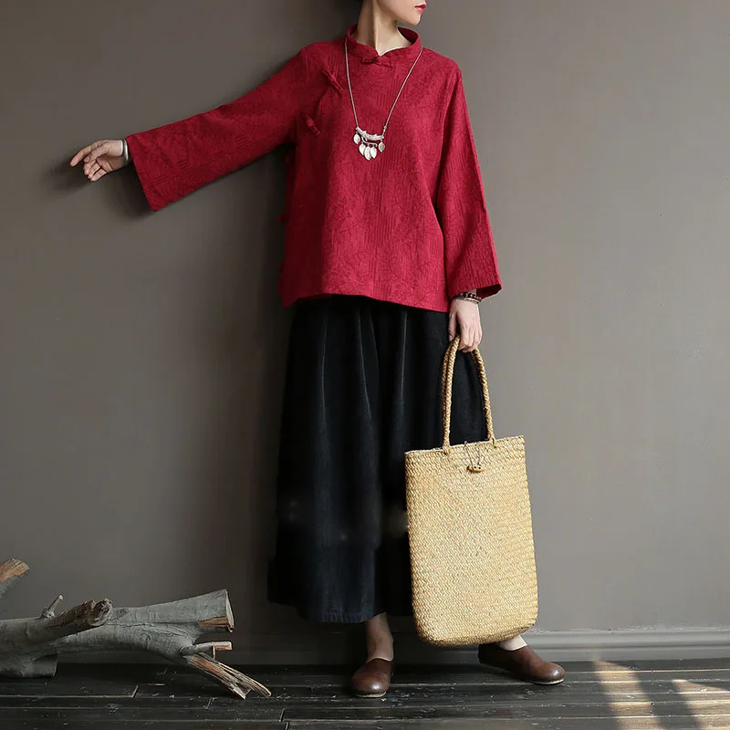 Осенняя женская винтажная рубашка на пуговицах, боковой кардиган с длинным рукавом, повседневная свободная куртка из хлопка и льна в китайском стиле