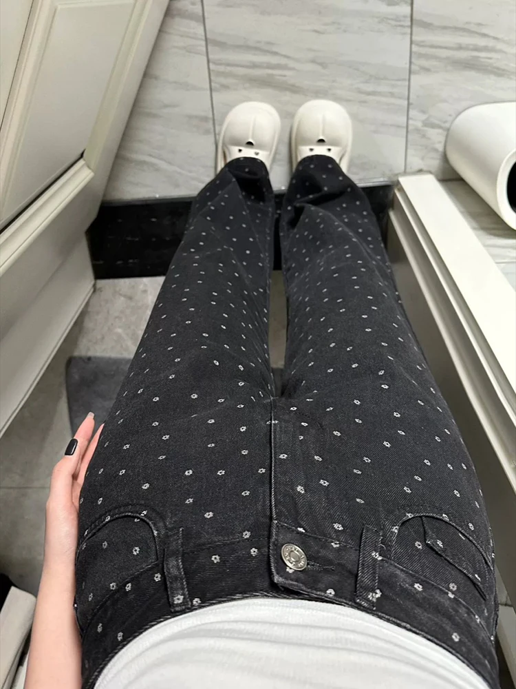 

Women's spring autumn high waist slim straight loose mop floor pants jeans American style retro black print wide-leg jeans