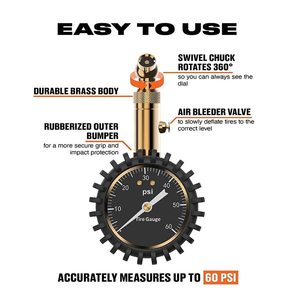 Bandenspanningsmeter- (0-60 Psi) Zwaar, Nauwkeurig Met Gloedwijzerplaat, Laag-Hoge Luchtdrukmeter