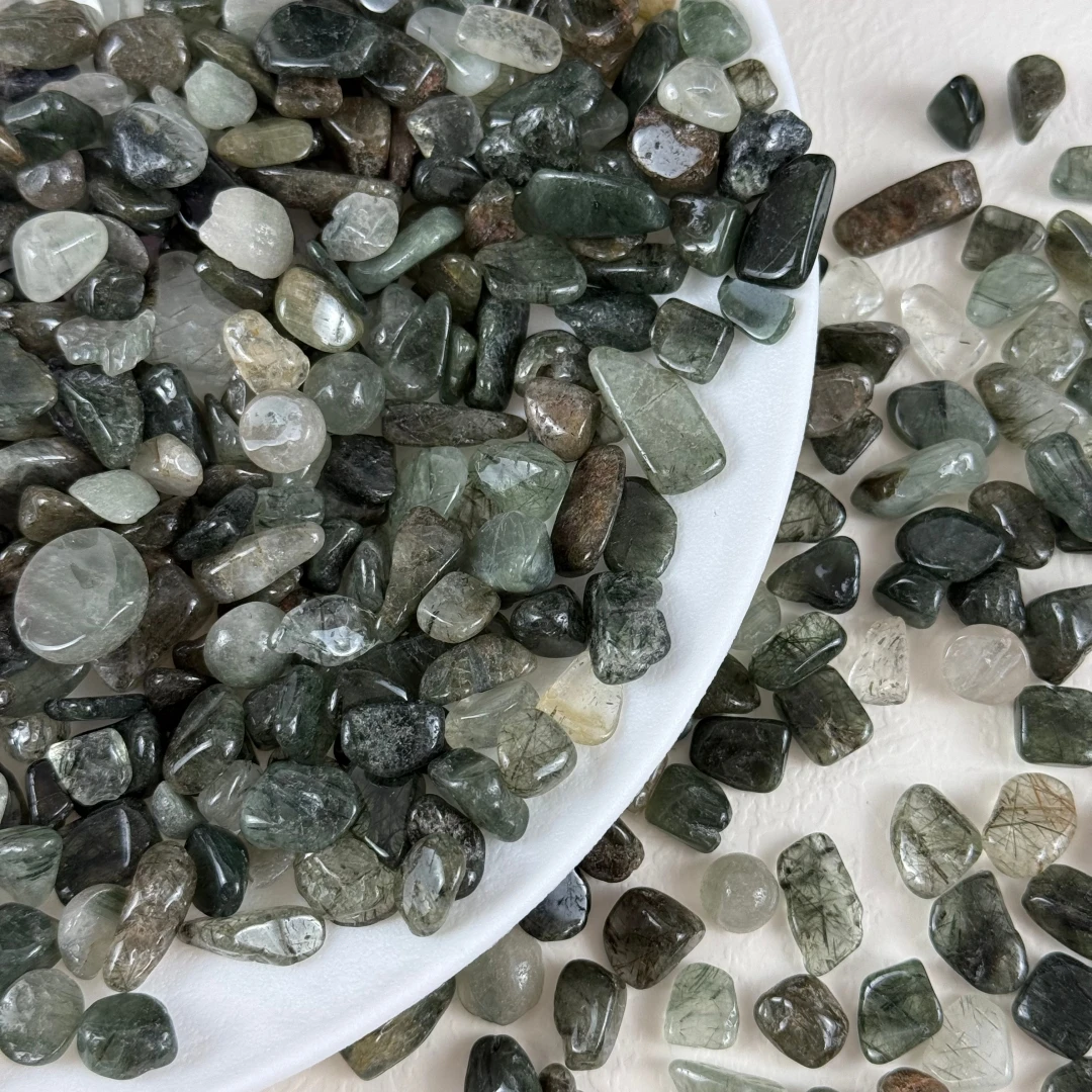 Natural Green Rutilated Quartz Chips, for Jewelry Making, Garden Decoration, Flower Pot Fish Tank Decorative Stone, Home Decor