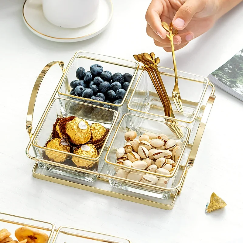 

Exquisite Glass Fruit Platter with Tray Transparent Dessert Candy Home Light Luxury Separation Snack Storage Box