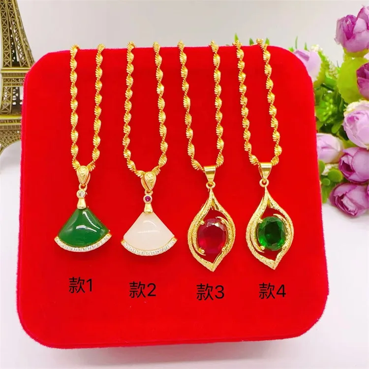 

24K Gold AU999 Gem Red-Green Eye/Fan Pendant Women's Necklace - Dual Element Design, Red-Green Gem Eyes + Fan Archaism