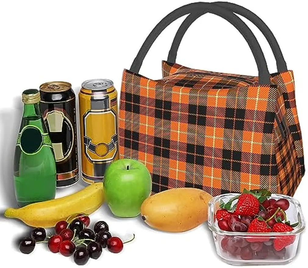 Halloween Lunch Bag Pumpkin Plaid Lunch Box Portable Travel Work Large Capacity Tote Bag for Women Men Lunch Box Bag