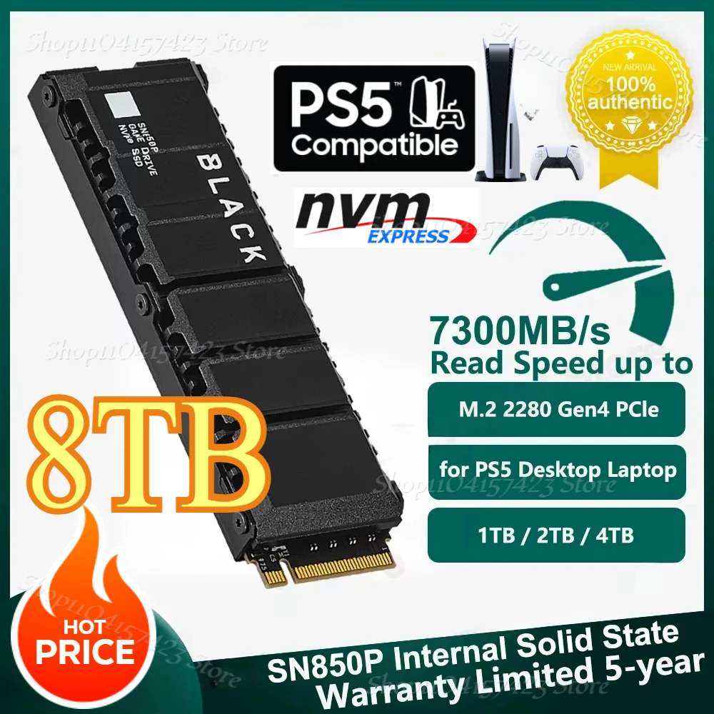 2025 Hot 8TB BLACK SN850P with Heatsink SSD M.2 NVMe PCIe 4.0 2280 SSD 1TB 2TB 4TB for PS5 Playstation 5 Gaming Computer