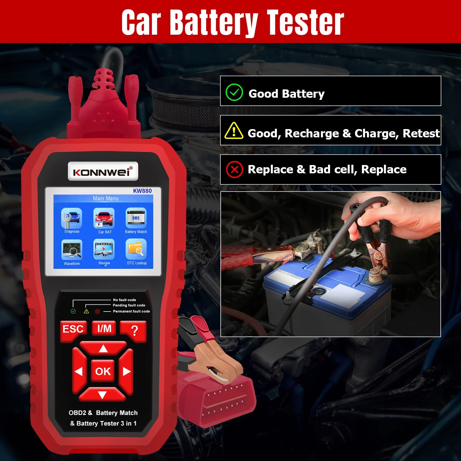 KONNWEI KW880 6V-16V Car battery tester Auto Diagnostic Tool Battery Match 3 in 1 Car OBD2 Scanner Full OBD2 Function