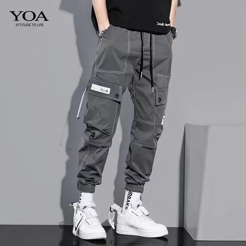 Spring Autumn New Fashion Solid Elastic Waist Pockets Men's Clothing Casual Loose Drawstring Chaopai Versatile Thin Cargo Pants