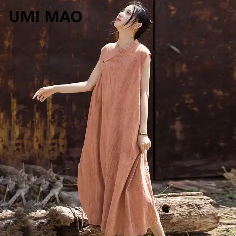 

UMI MAO Summer Thin Dress Elegant Linen Cotton Handmade Tie Dyed Chinese Style Original Sleeveless Women's Robe Long Dresses