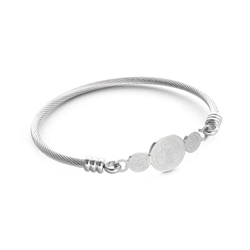 Stainless Steel Saint Benito Cross Bracelet for Men Women Christian Jewelry San Benito Cuff Bracelet Memorial Gift image 6