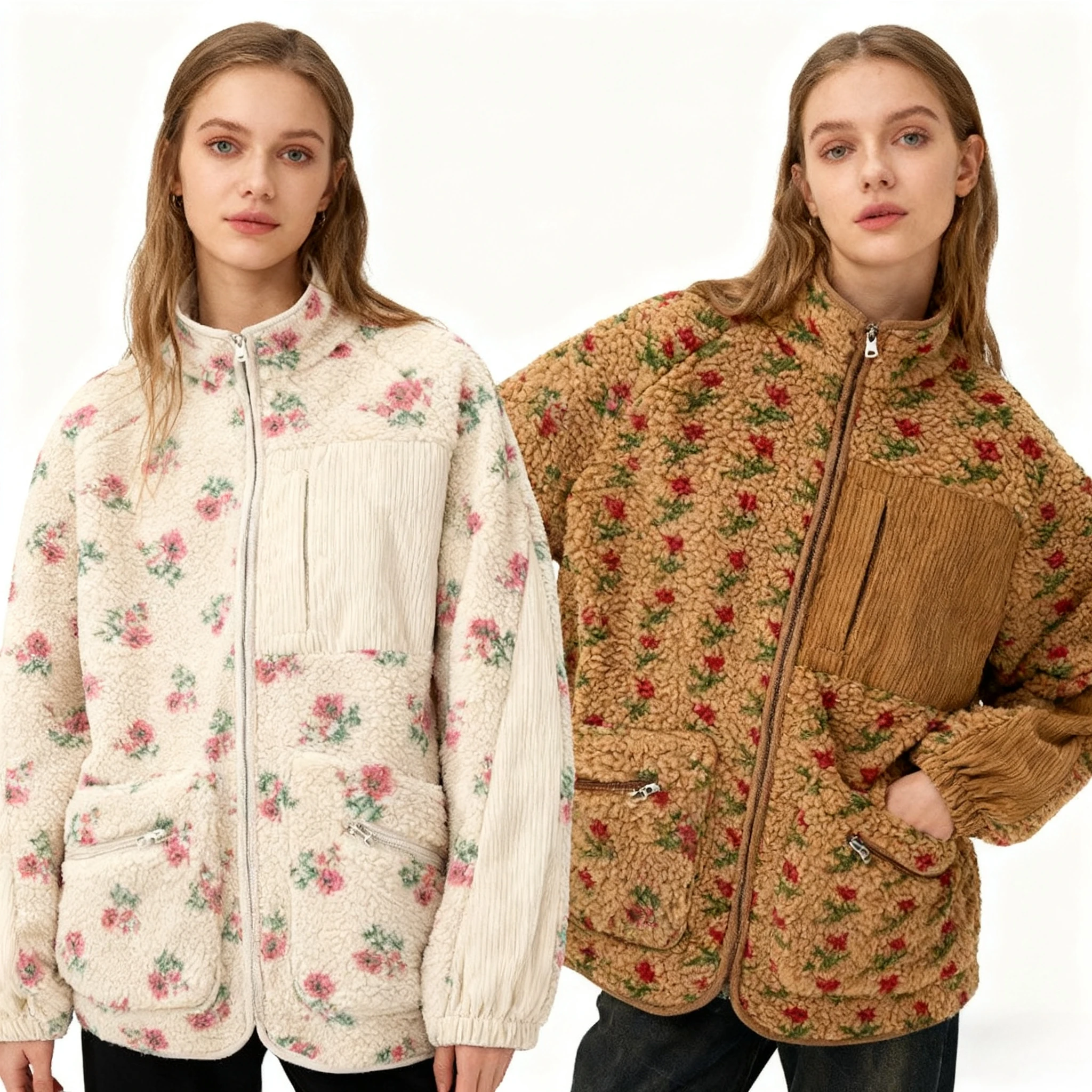 

Yaminiya Fashion Wool Fleece Flower Warm Zipper Sweater Jacket Stand Collar Loose Jacket Thickened Autumn/winter Women Clothing