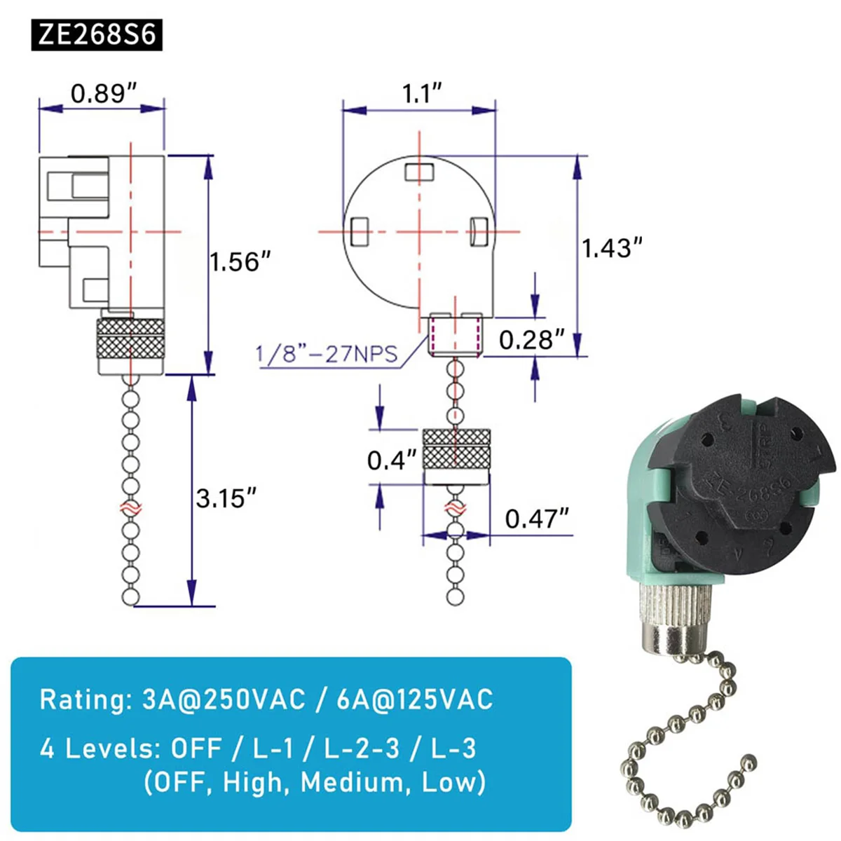 Novo interruptor de corrente de tração para ventilador de teto ZING EAR 3 velocidades 4 fios, capacitor de ventilador de teto CBB61 4,5Uf + 6Uf + 5Uf 5 FIOS 250V,B
