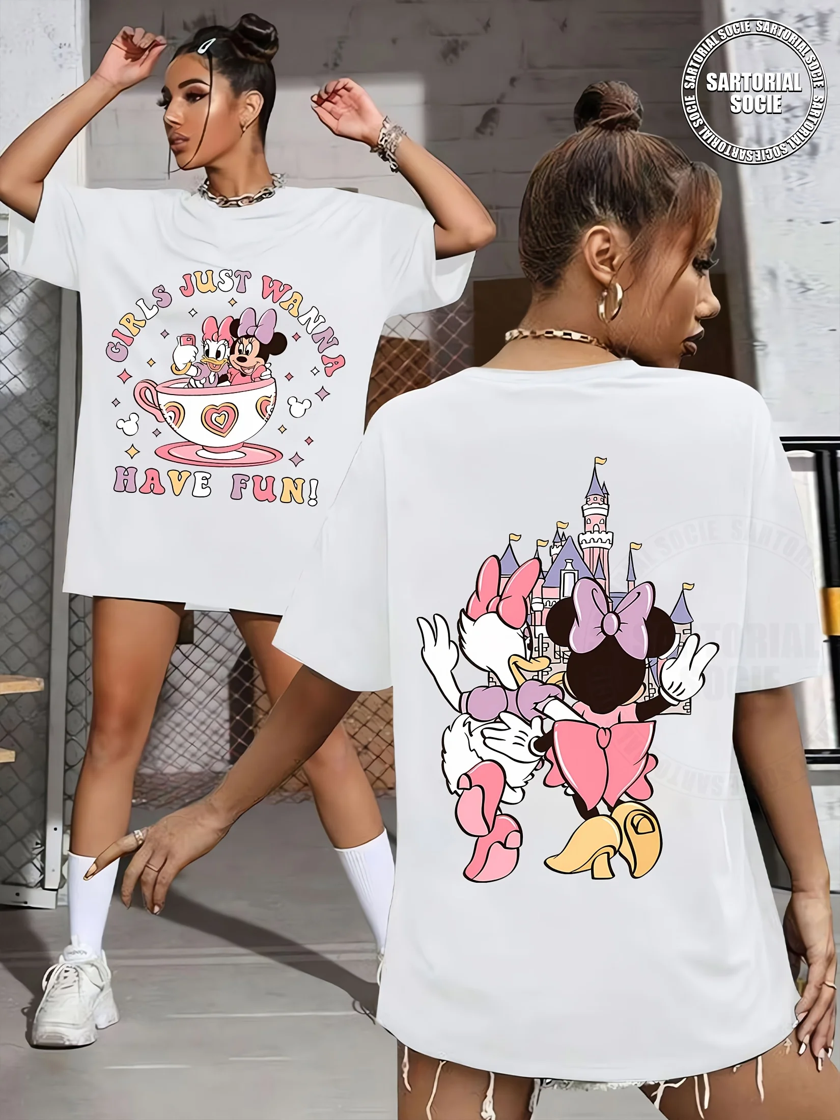 

Футболка Disney — Минни и Дейзи Утка «Только хочет весело» Свободные мужские и женские с принтом и короткими рукавами, повседневные двусторонние