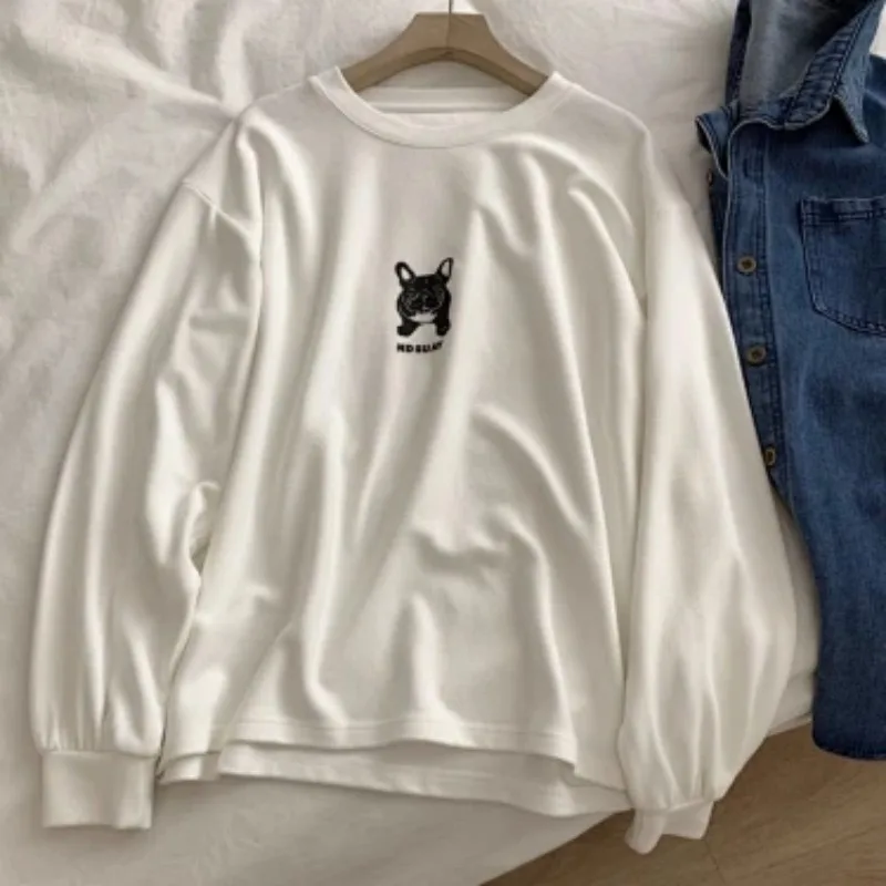 Women Korean Bulldog Print Double Sided Fleece Long Sleeve T Shirt Autumn Winter Loose Crew Neck Inner Top S 4XL