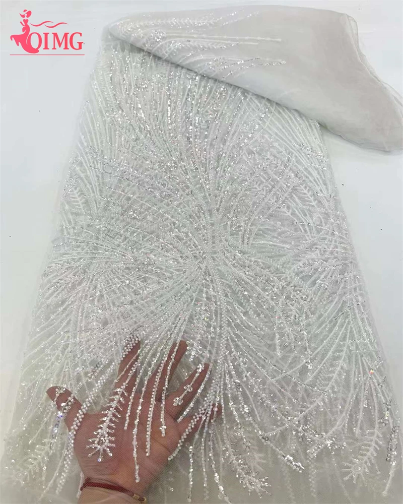 

OIMG Luxury Nigerian Handmade Beads Goom Lace Fabric 2024 High Quality Sequins Embroidery African French Lace Fabric