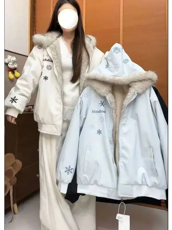 

American Sle Fce Lined Hooded Jaet Couple Matching Winter Coat Women's Loose Fit Embroidered Cotton Padded Outerwear