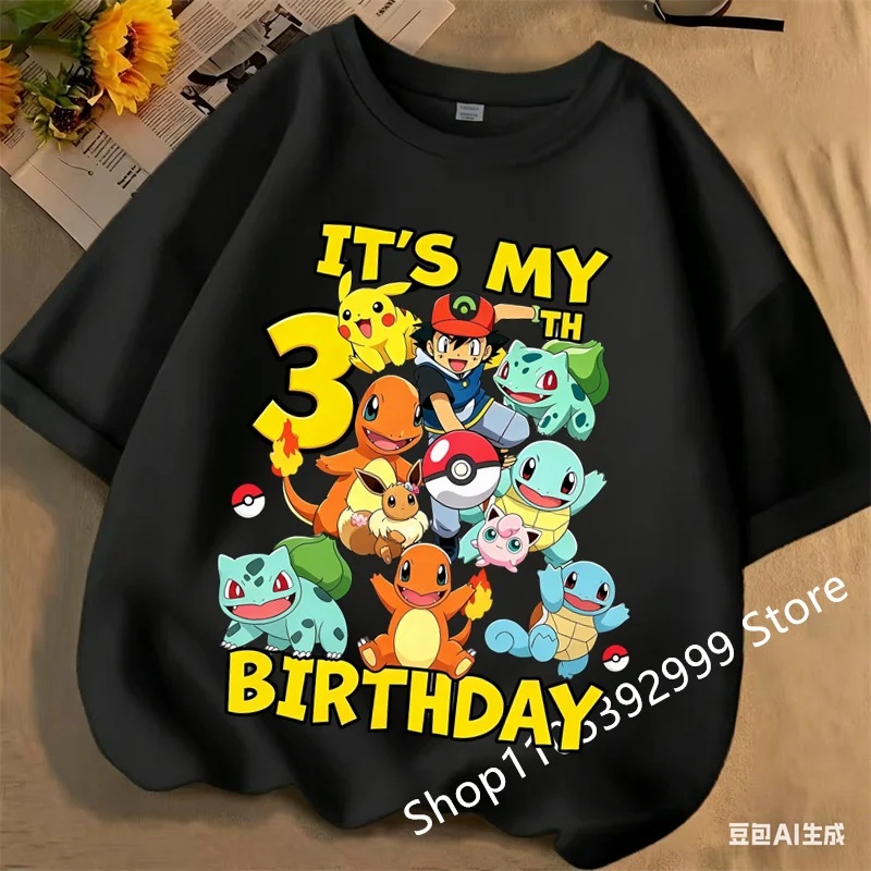 2026 Pokémon Pikachu Kids Birthday number 1-9 T-Shirt Unisex Boys Girls  Loose Short Sleeve Summer Casual Birthday Top