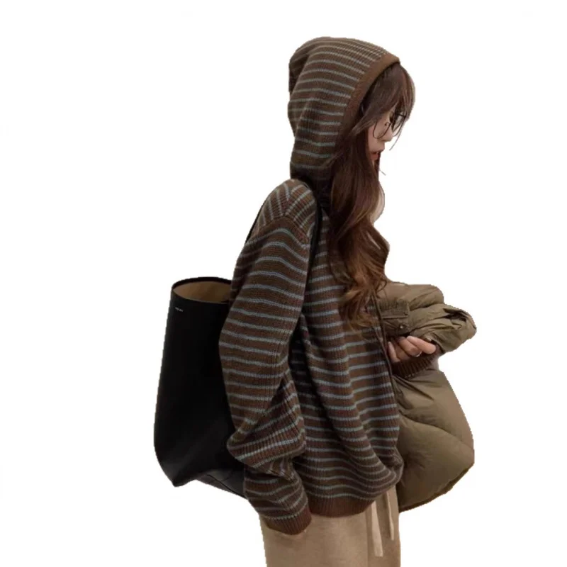 خريف شتاء جديد مخطط مقنعين، فضفاض عارضة محبوك سترة طويل القامة المرأة #4