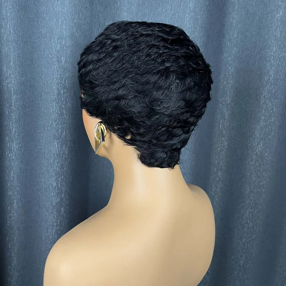 شعر مستعار بقص عابث من شعر بشري، باروكات بيكسي للنساء ذوات البشرة السمراء، باروكات قصيرة مصنوعة آليًا بالكامل، شعر مستعار أسود طبيعي