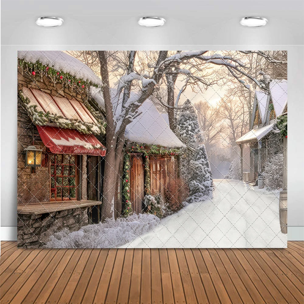 Country Christmas Store Street Photo Background Kids Portrait Photo Studio Props Winter Snowflakes House Photography Backdrop