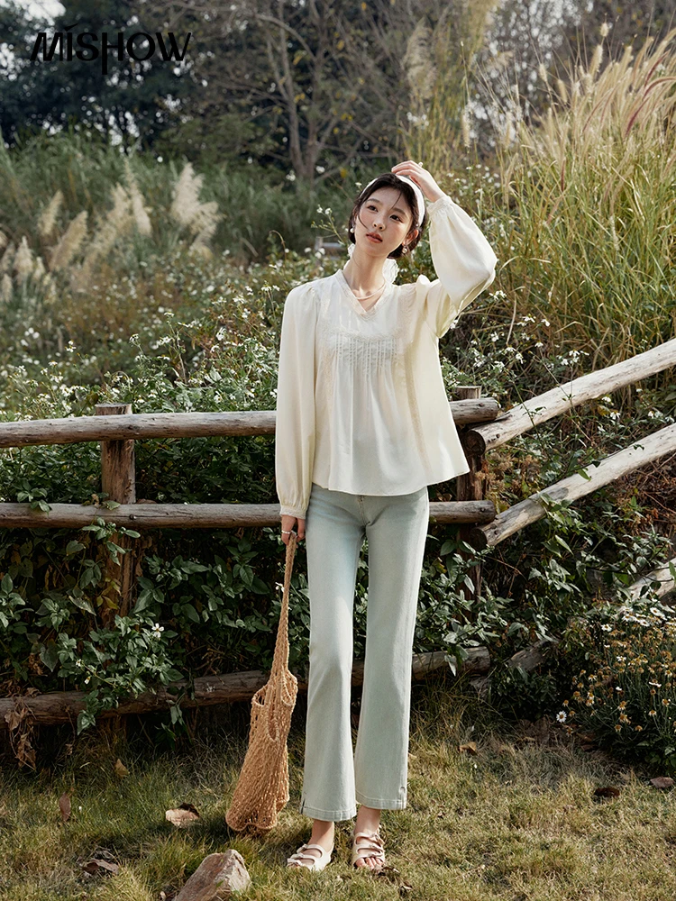 MISHOW Women's Lyocell Blouse 2025 Spring Summer Lace V-neck Commuting Top Puff Sleeve Solid Loose Blouse Office Lady MXE15X1735