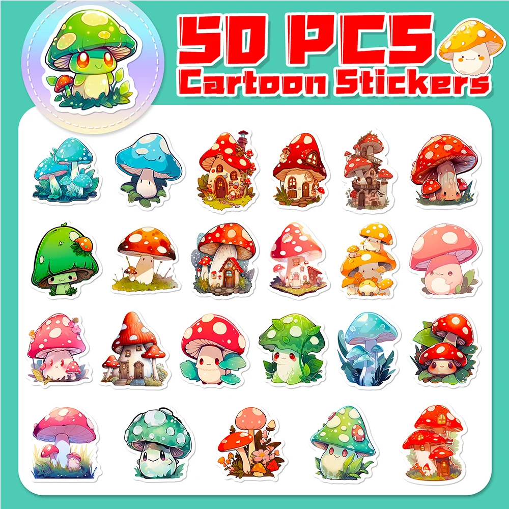 10/30/50pcs Kawaii Mushroom Cartoon Stickers Fantasy Aesthetic Decals DIY  Luggage Scrapbook Journal Cute Graffiti Sticker Pack
