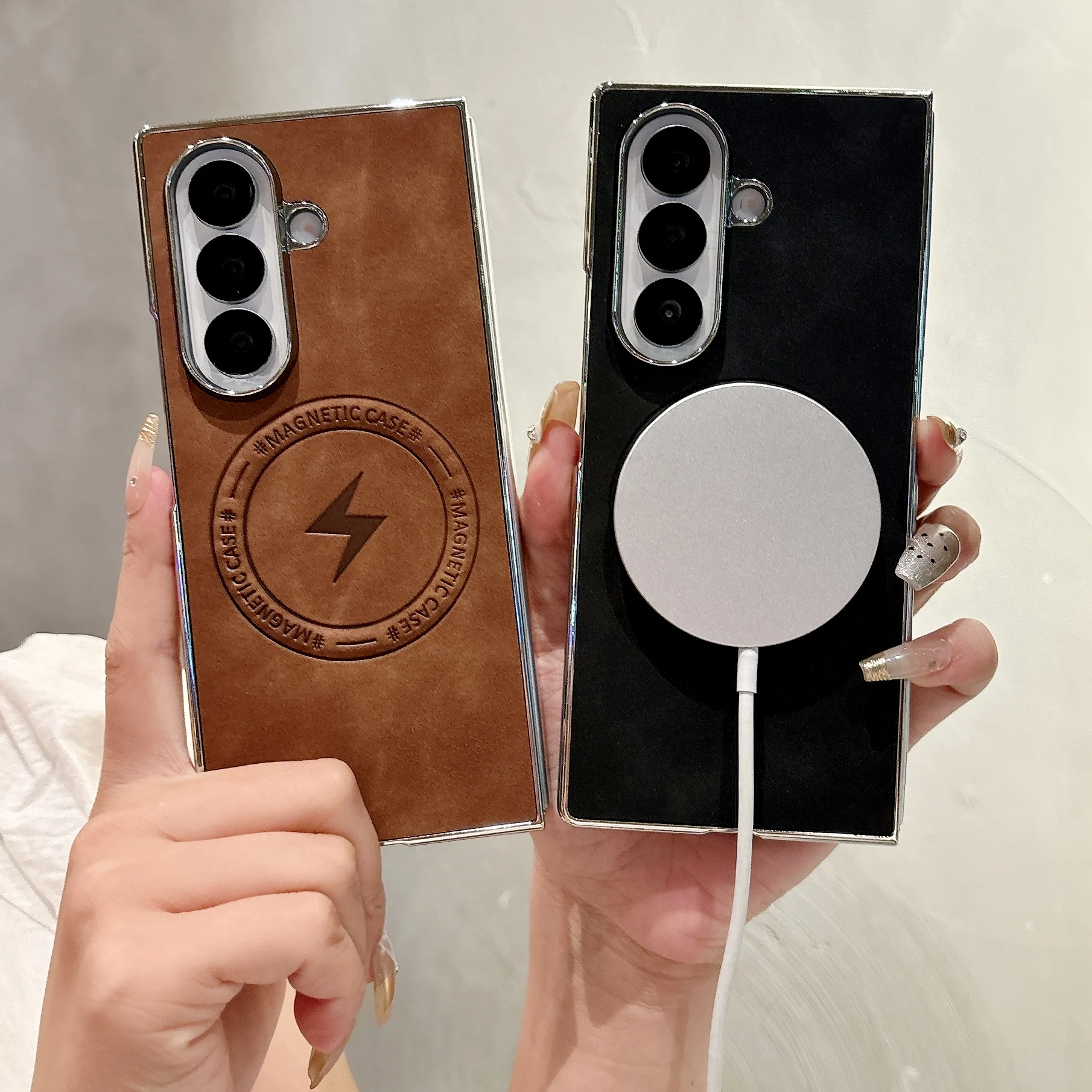 

For Samsung Galaxy Z Fold 7 Case Leather Skin Magsafe Light Design Protective Phone Shell Back Cover