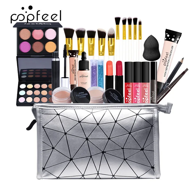 Popfeel-Kit de Maquillage Complet Tout-en-un pour Femme, Ombre à Paupières, Eyelger, Lèvres, Mascara, Brosse, Coffret de Luxe, Cadeau Cosmétique