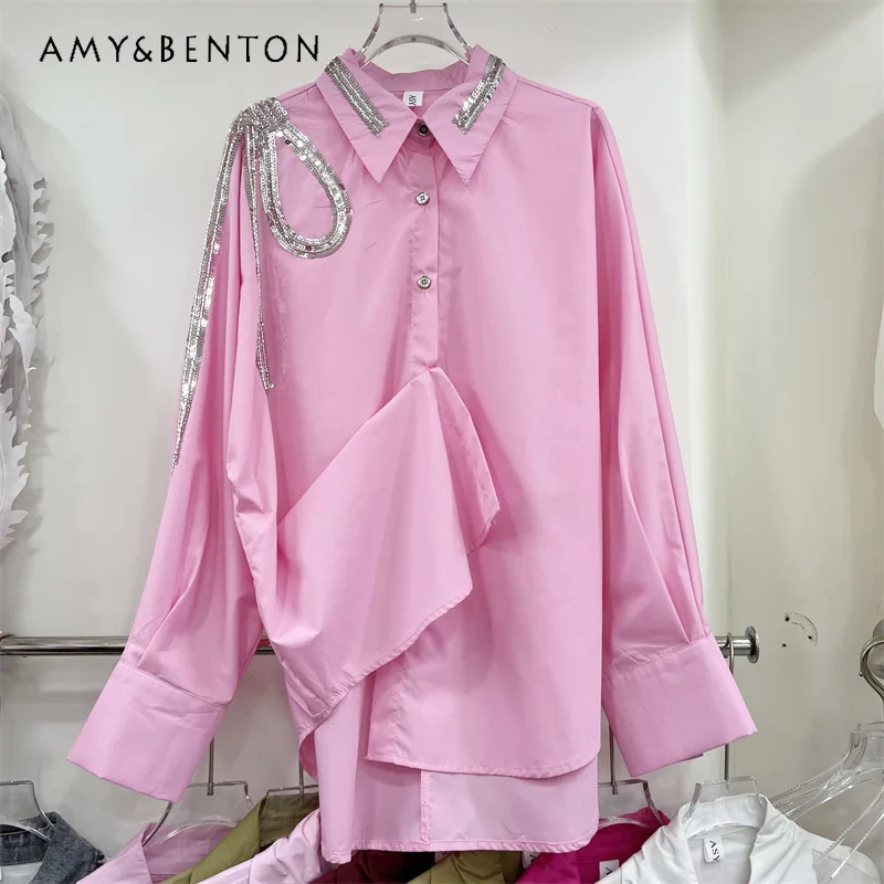 

Heavy Beaded Embroidery Elegant Shoulder Sequin Design Shirt Women Soft Gentle High Grade Fashion All Match Casual Chic Blouse