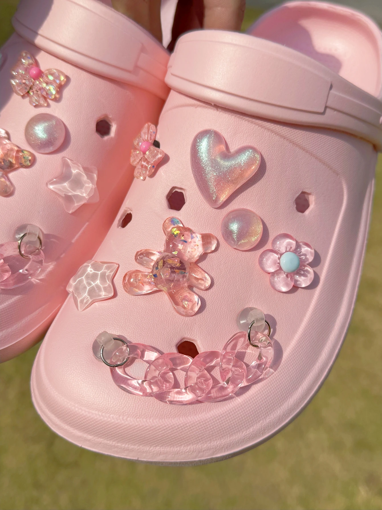 14PCS pink (Bear, heart, flower, star, bow, chain) Cute Alligator Shoes Shoe Accessories Removable DIY shoe accessories