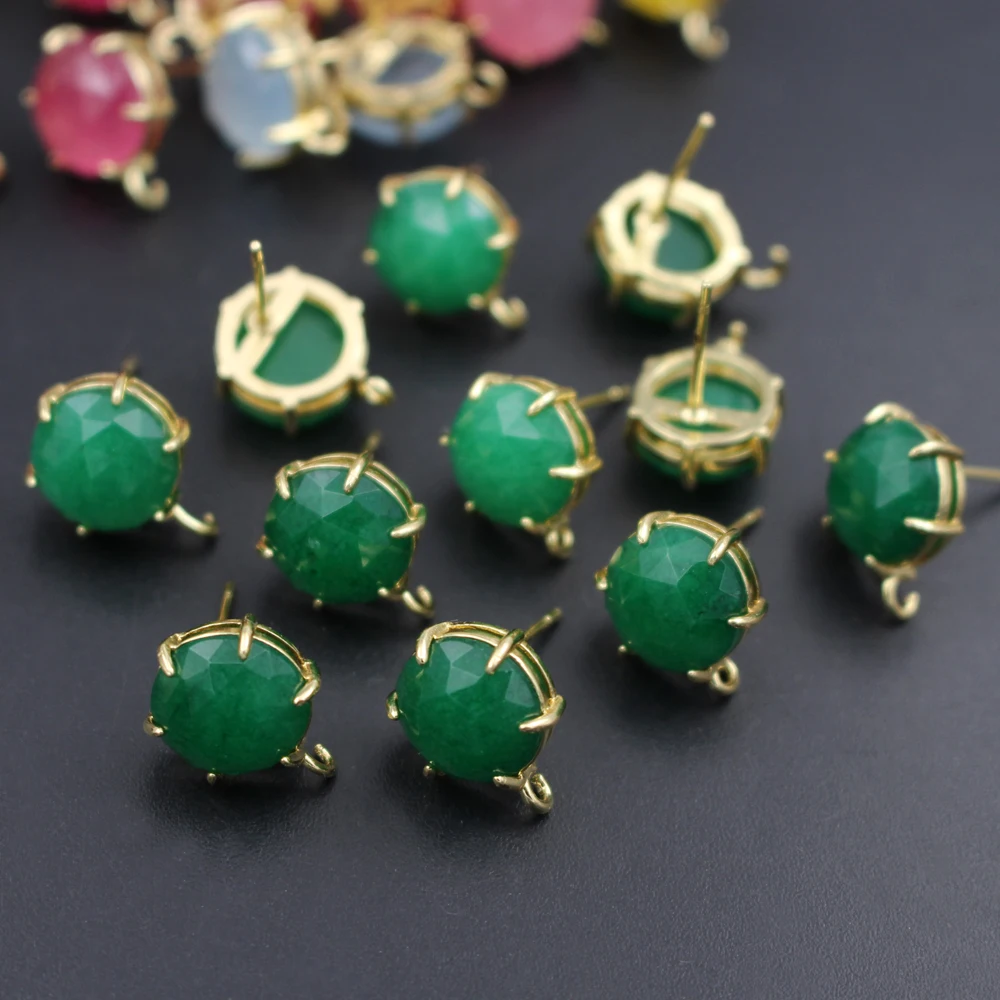 6pair DIY Jewelry Accessories Colors Stone Ear Posts Round Light Blue Green Quartz Stone Earring with Loop Connectors
