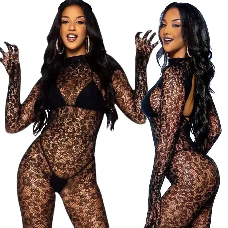 Ажурное сексуальное женское белье, сетчатое боди с леопардовым принтом, эротическое искушение, женское нижнее белье