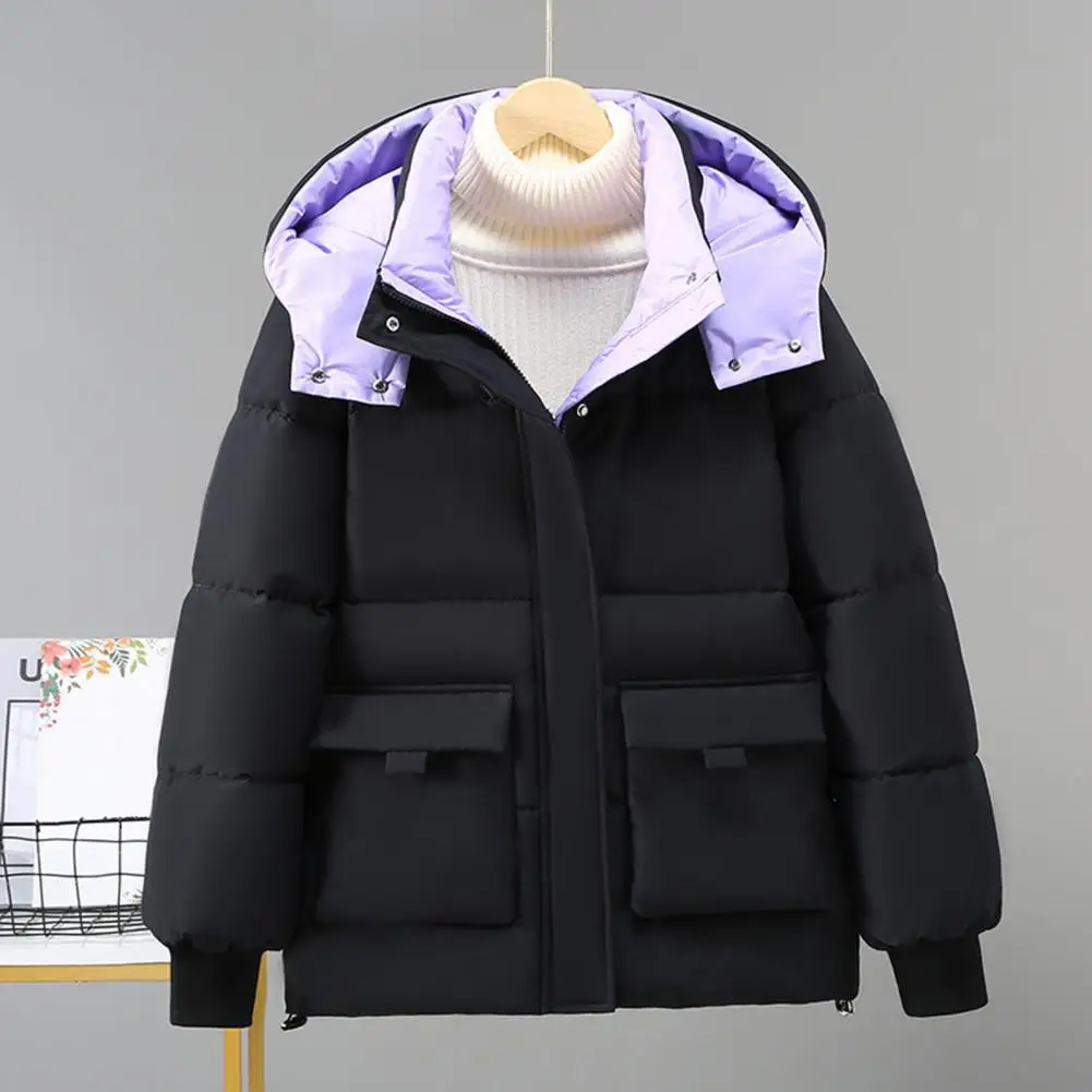 Manteau d'hiver en duvet avec col montant et poches zippées, parka rembourrée à capuche, veste en coton coupe-vent pour temps froid, rétention de la chaleur