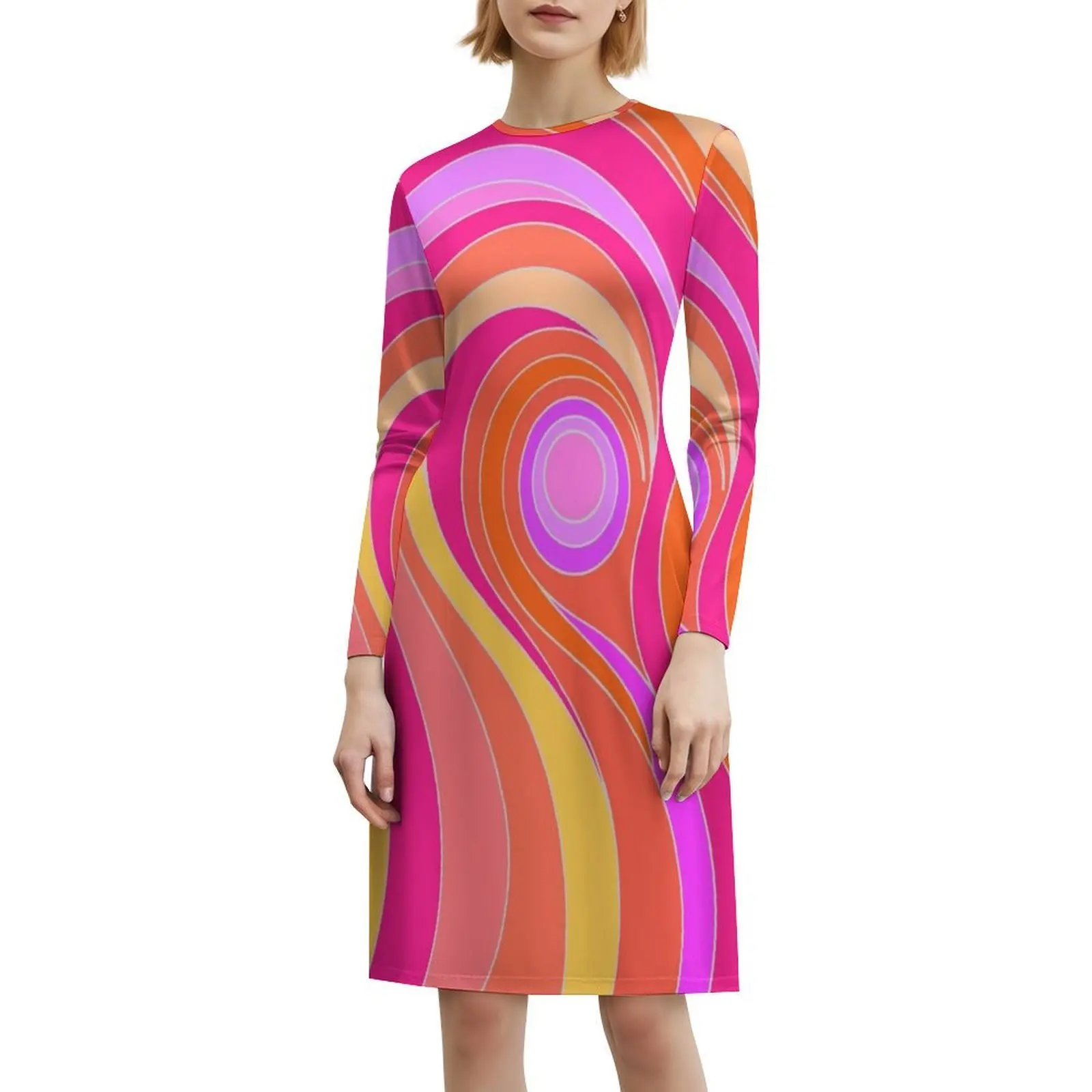 Rosa abstrato psicodélico retro design querida decote vestido elegante vestido de festa de verão para mulheres hippie flor vetor