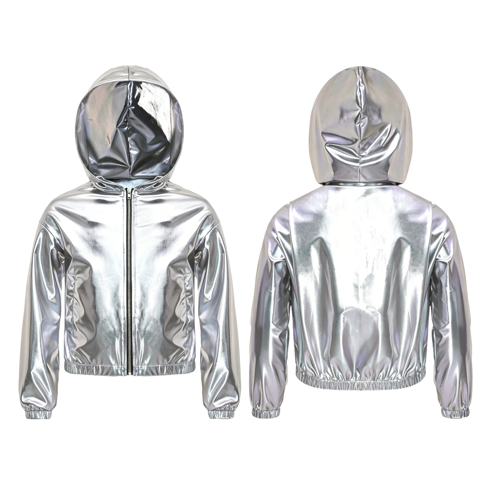 Kids Girls Hip Hop Clothes Fashion Metallic Hooded Jacket Zipper Shiny Coat for Dance Stage Performance Disco Costume Outerwear