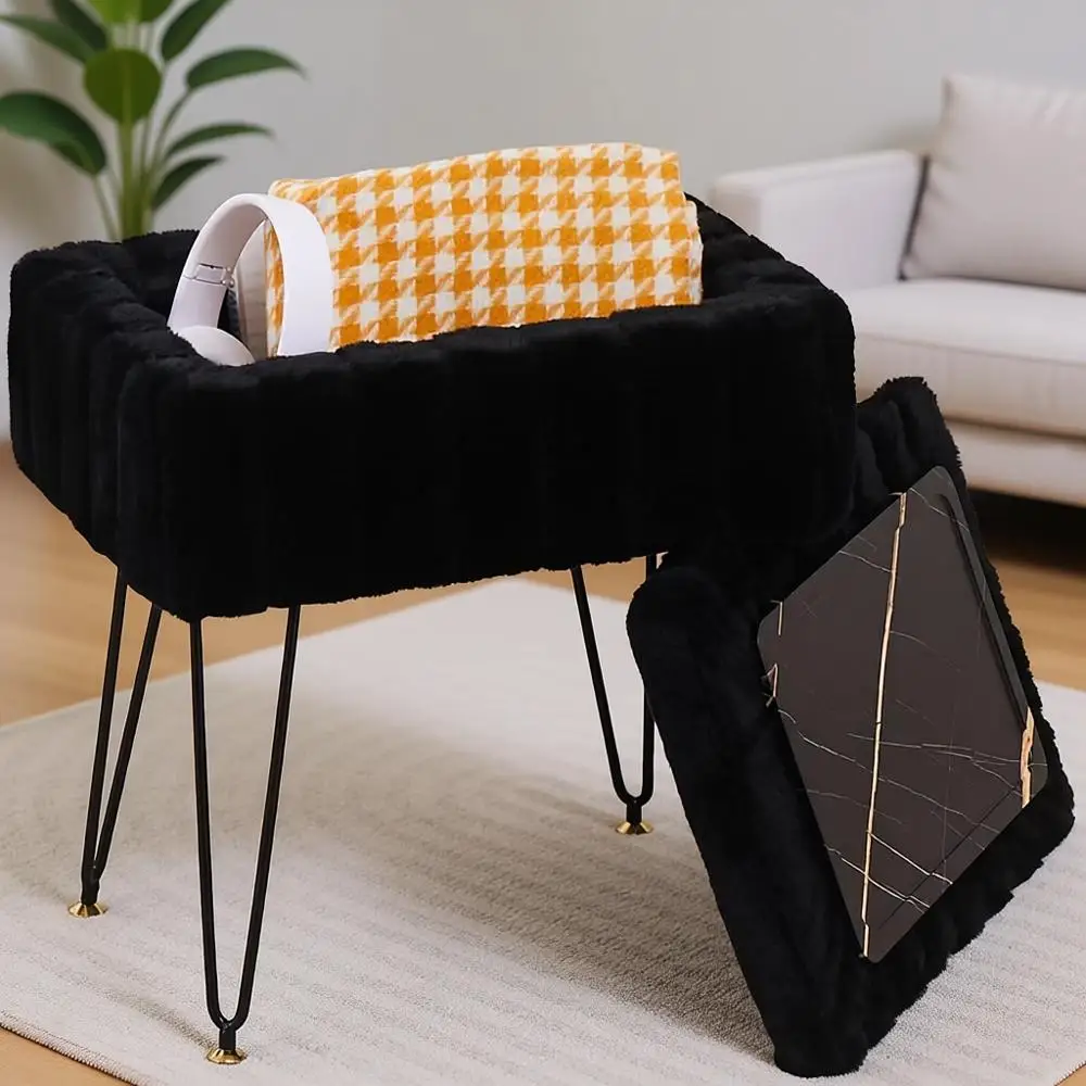 Storage Ottoman with Metal Legs, Vanity Stool, 16.5 x 11.8 x 18, Mink Fabric, Anti-Slip Seat, Accent Table, Storage Bench for Be