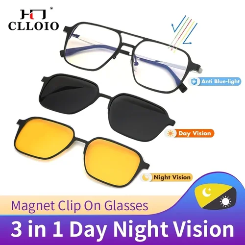 Imagen 2 del producto CLLOIO, gafas ópticas para miopía con Clip magnético 3 en 1 de aluminio para hombres, gafas de sol polarizadas, gafas de lectura graduadas para hipermetropía