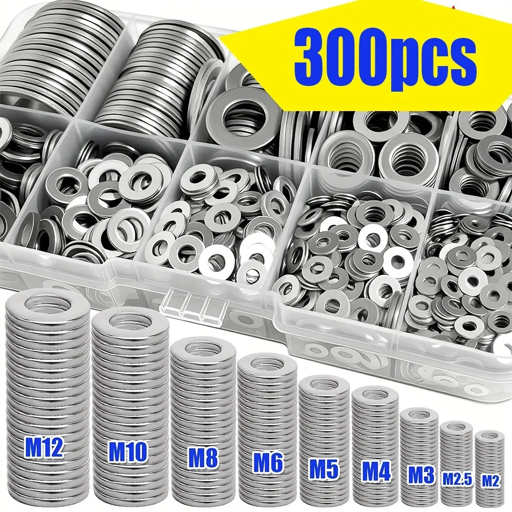 300-Piece Set of M2-M12 Stainless Steel Flat Washers, for Home Maintenance, Industrial Repair, and Outdoor Building Maintenance.