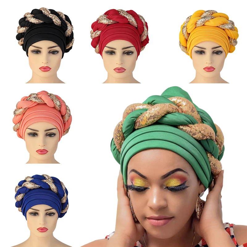 New Arab Wrap Muslim Scarf Hijabs Turbans African Headtie Sequin Braid Hat for Women Pleated Beanie Headwrap Hair Accessories