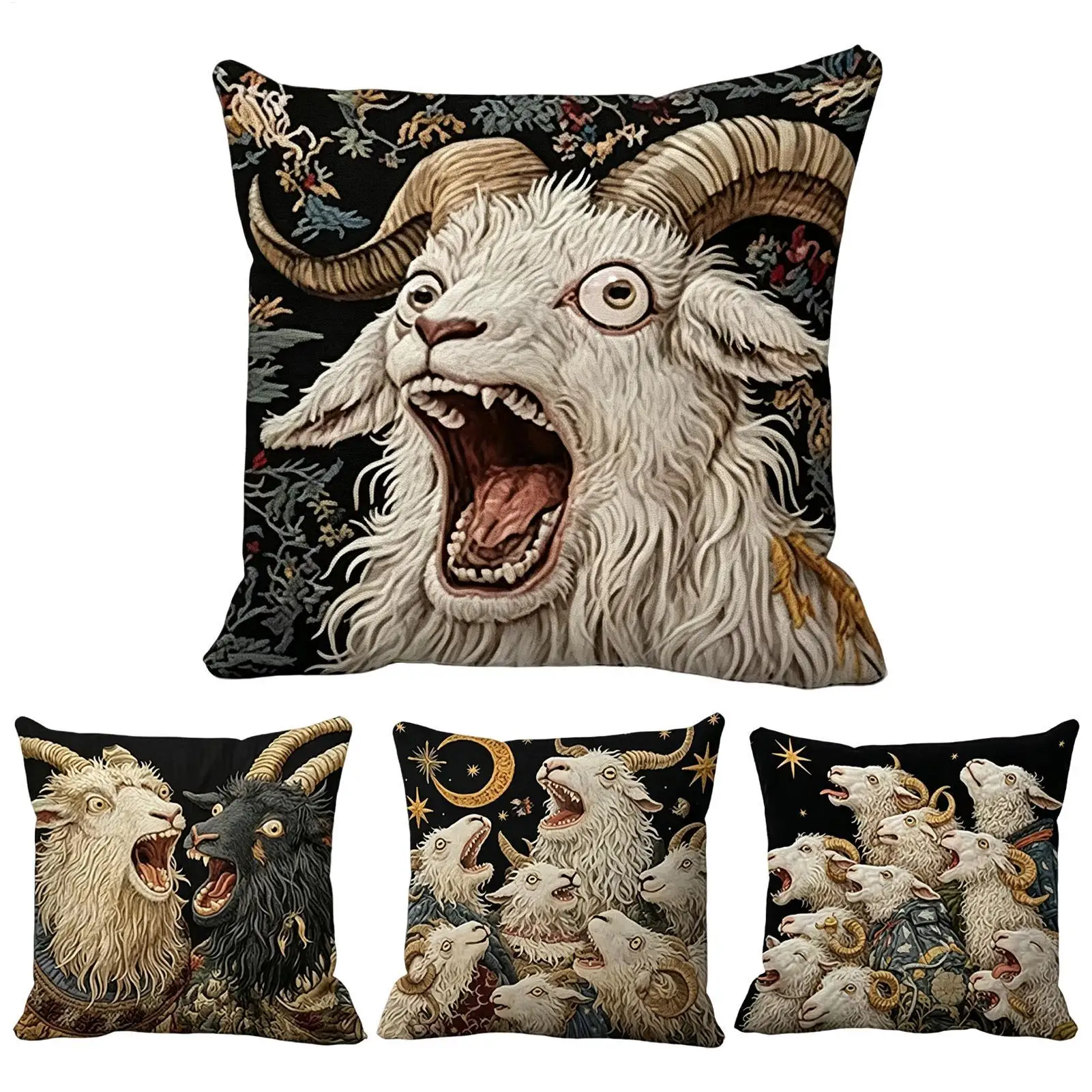 Screaming Goat Sheep Embroidered Style Printed Pillow Cover Short Plush Polyester Cushion Case Animal Pillowcase Home Decor