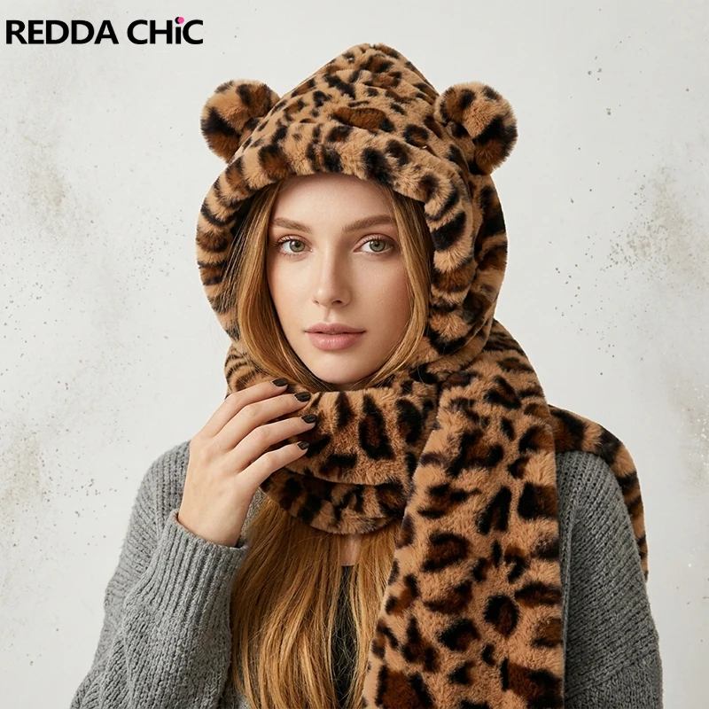 reddachic-women-leopard-print-hooded-scarf-faux-fur-teddy-plush-beanie-bear-ears-balaclava-retro-y2k-winter-hat-chunky-snow-cap