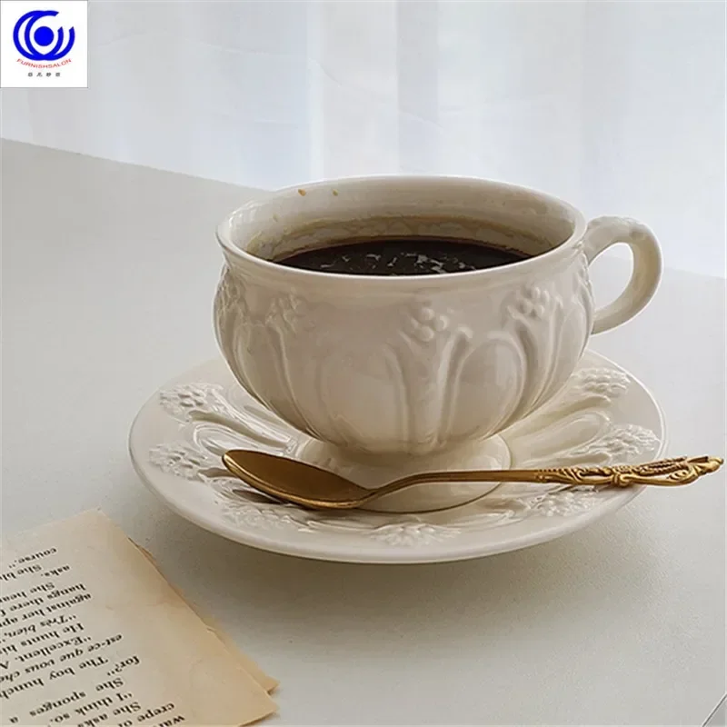 Art sense retro ceramic coffee cup and saucer set relief cup exquisite afternoon tea tea set