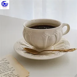 Art sense retro ceramic coffee cup and saucer set relief cup exquisite afternoon tea tea set