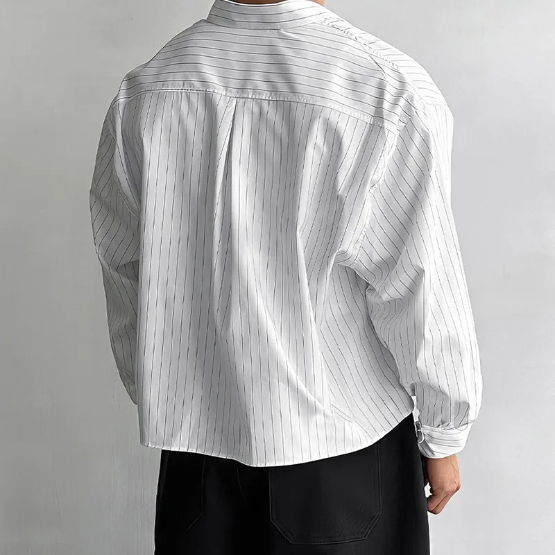 Shirt Korean Style Men Casual Simple Striped Cropped Shirt Summer Fashion Streetwear Long Sleeved Blouse Camisas Masculina Y2k