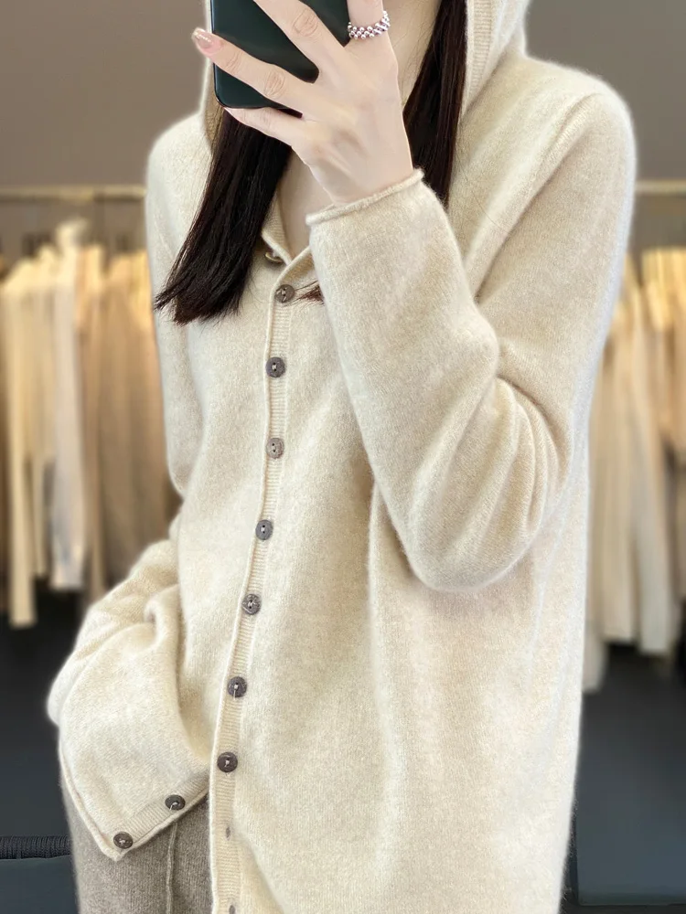 

Spring New Long Sleeve Women Sweater Casual Cardigan 100% Merino Wool Solid Hoodie Knitwear Korean Popular Clothing Top