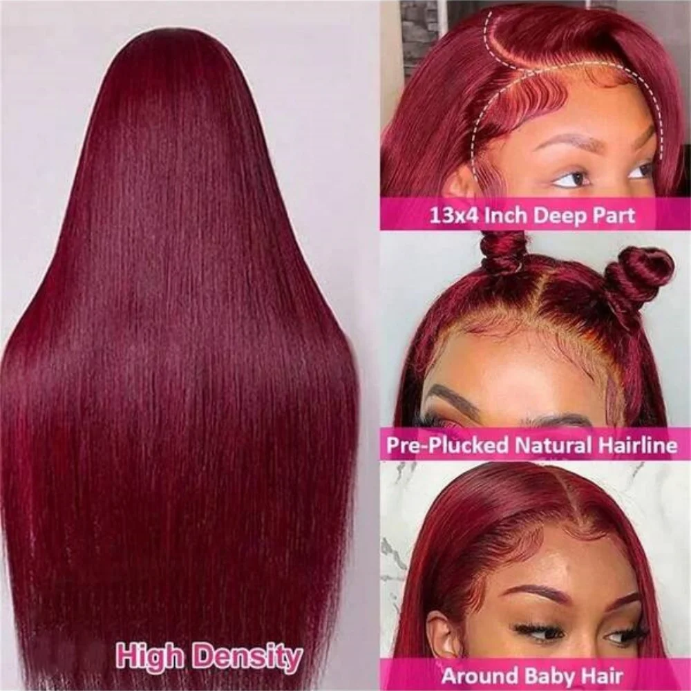 30 Polegada 99j borgonha vermelho 13x4 perucas dianteiras do laço reto cabelo humano 99j 13x4 perucas frontais do laço transparente para mulher 200% densidade