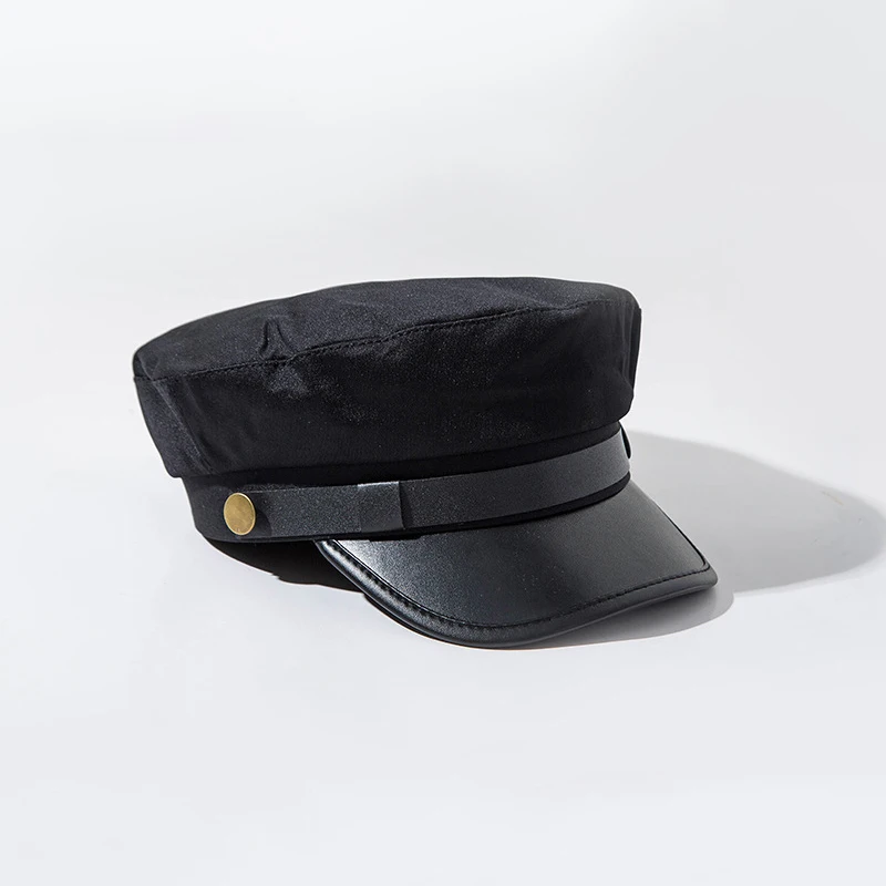 Unisex PU leather  hat autumn sailor hat for women men men black female travel student hat captain hat army flat top