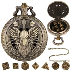 Bronze Retro Hero Paladin Pocket Watch Case fobs and chains with Antique Gamed Themed 7pcs Matal Dice Waist Hook Chain for Men