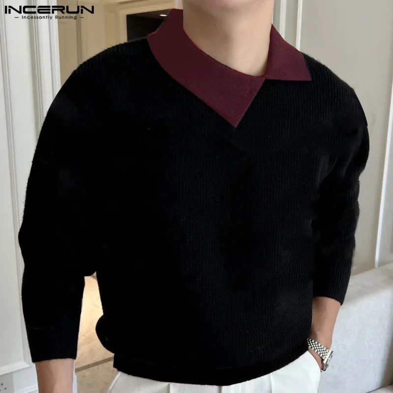 INCERUN 2024 Men's Tops Fashionable Knitted Contrast Color Pullovers Casual Male Hot Sale Irregular Collar Long Sleeved Sweaters