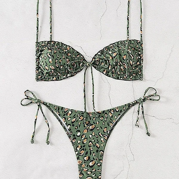 

Sexy Thong Bikini Set Side Halter Tie Swimsuit Ladies Split Strap Adjustable Bandage Print Brazilian Swimwear Women's Beachwear